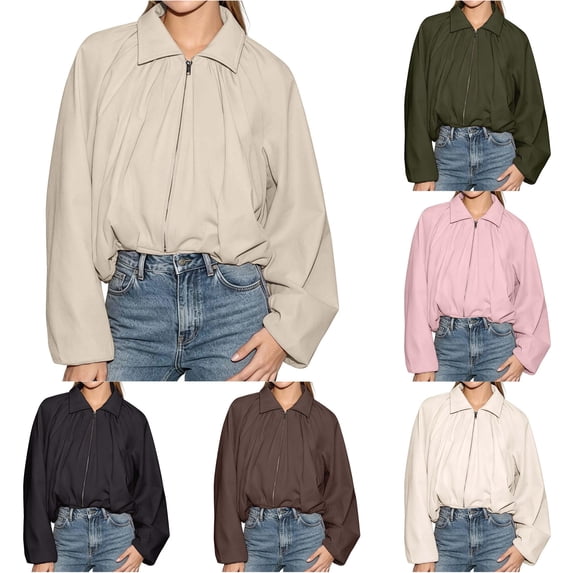 Unir Collared Zip Up Casual Bomber Jacket for Women, Balloon Sleeve Cropped, Thick Durable Polyester Everyday Outerwear, 1 Piece, S-L