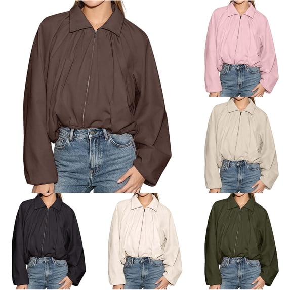 Unir Collared Zip Up Casual Bomber Jacket for Women, Balloon Sleeve Cropped, Thick Durable Polyester Everyday Outerwear, 1 Piece, S-L