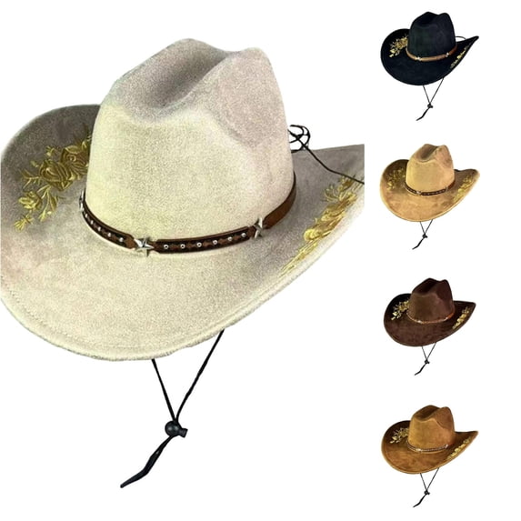 Unir Embroidered Wide Brim Cowboy Hat for Women, Suede Sun Protection with Chin Strap, Outdoor Western Style Hat, 1 Piece, One Size
