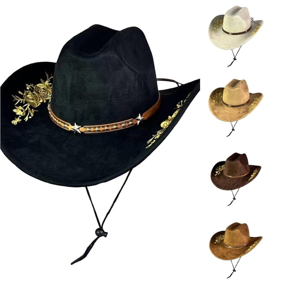Unir Embroidered Wide Brim Cowboy Hat for Women, Suede Sun Protection with Chin Strap, Outdoor Western Style Hat, 1 Piece, One Size