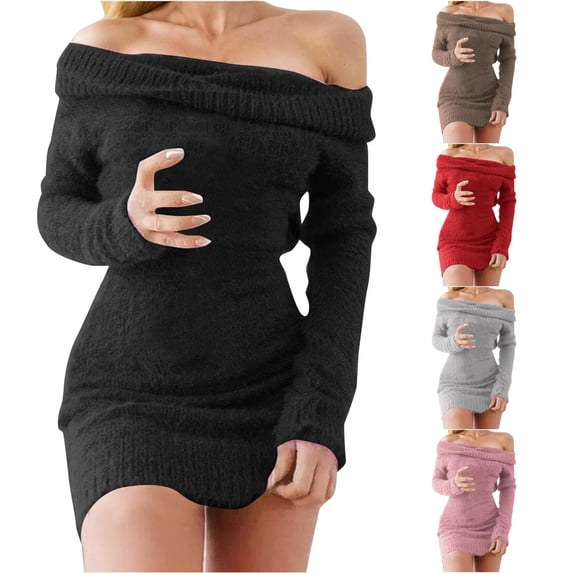 Unir Fall Sweater Dress Simple Off Shoulder Fuzzy Knit Mini Sweater Dress Long Sleeve Loose Casual Pullover Dress S To XXL