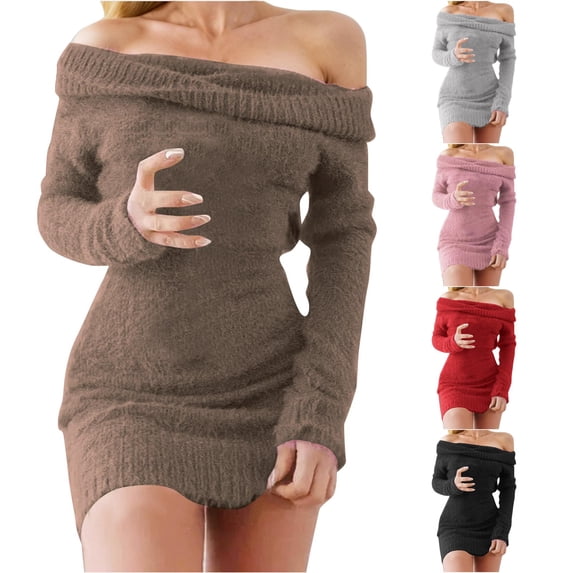 Unir Fall Sweater Dress Simple Off Shoulder Fuzzy Knit Mini Sweater Dress Long Sleeve Loose Casual Pullover Dress S To XXL