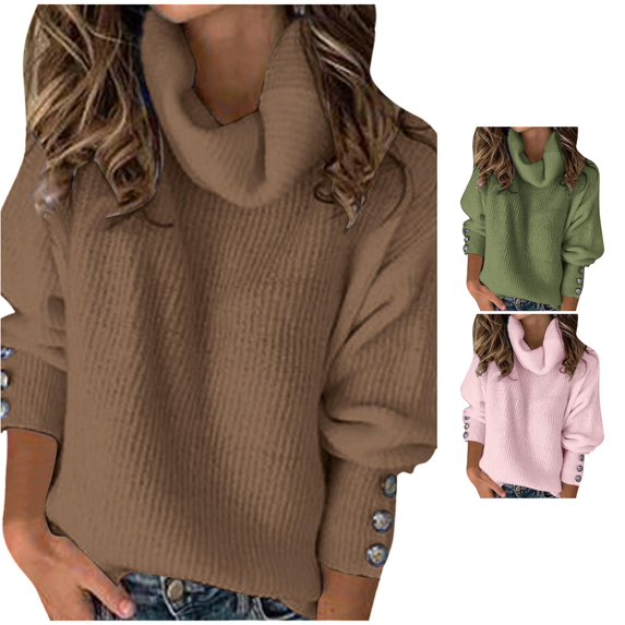 Unir Fall Sweaters, Cowl Turtleneck Ribbed Knit Pullover, Button Cuff Long Sleeve Solid Women's Sweaters Knit Top, Everyday Cool‑Season Wear, 1 Piece Garment, S‑XXL, Plus Size Friendly, True To Size