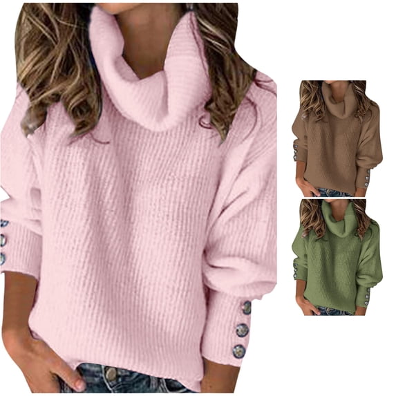 Unir Fall Sweaters, Cowl Turtleneck Ribbed Knit Pullover, Button Cuff Long Sleeve Solid Women's Sweaters Knit Top, Everyday Cool‑Season Wear, 1 Piece Garment, S‑XXL, Plus Size Friendly, True To Size