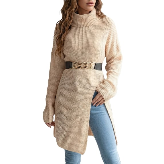 Unir Fall Sweaters, Slouchy Turtleneck Midi Knit Pullover, Split‑Hem Long Sleeve Women's Sweaters, Solid Beige Casual Knit Sweater For Daily Layering, 1 Piece Sweater, S‑M‑L