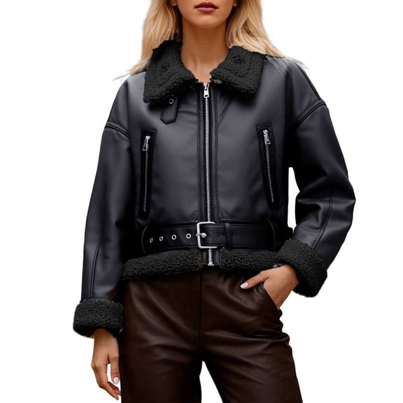 Unir Lined Belted Biker Jacket for Women, Turn Down Collar Long Sleeve, Short Casual Winter Outerwear, 1 Piece, XS-XL