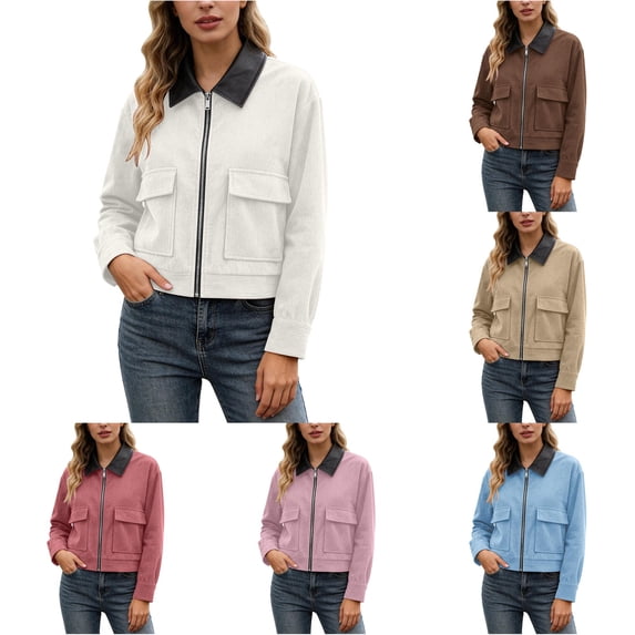 Unir Leather Collar Corduroy Bomber Jacket for Women, Zip Front, Relaxed Fit Casual Outerwear with Patch Pockets, 1 Piece, XS-L