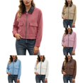 thumbnail image 1 of Unir Leather Collar Corduroy Bomber Jacket for Women, Zip Front, Relaxed Fit Casual Outerwear with Patch Pockets, 1 Piece, XS-L, 1 of 7