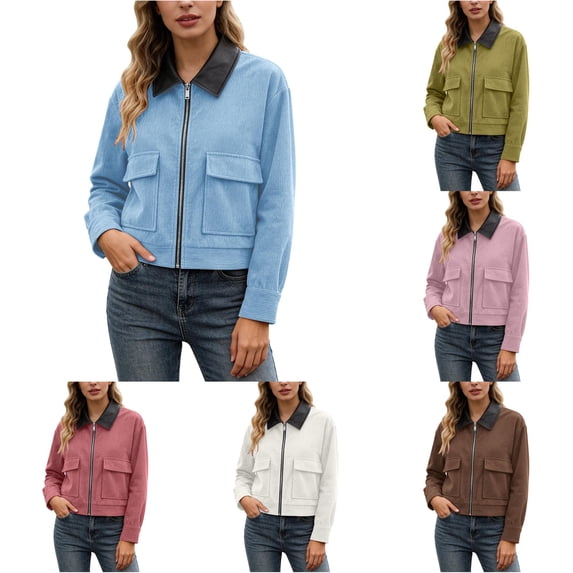 Unir Leather Collar Corduroy Bomber Jacket for Women, Zip Front, Relaxed Fit Casual Outerwear with Patch Pockets, 1 Piece, XS-L