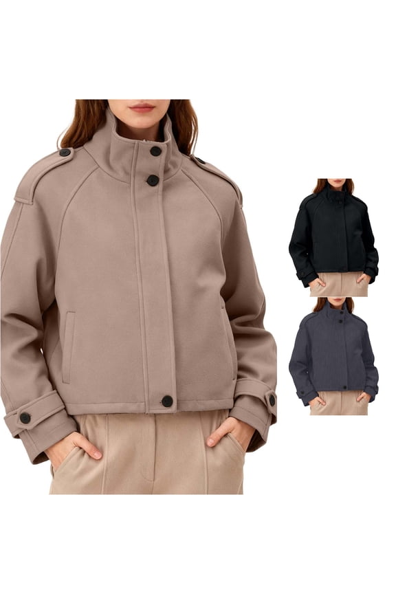 Faux Wool Loose Stand Collar Coat for Women, Button Front Long Sleeve, Comfortable Everyday Fall Outerwear, 1 Piece, S-L