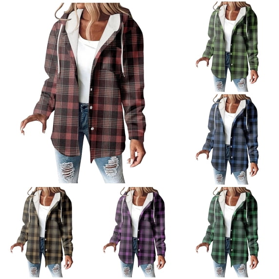 Unir Fleece Lined Plaid Button Up Jacket for Women, Hooded Loose Fit, Everyday Winter Warm Casual Outerwear, 1 Piece, S-3XL, Plus Size Friendly