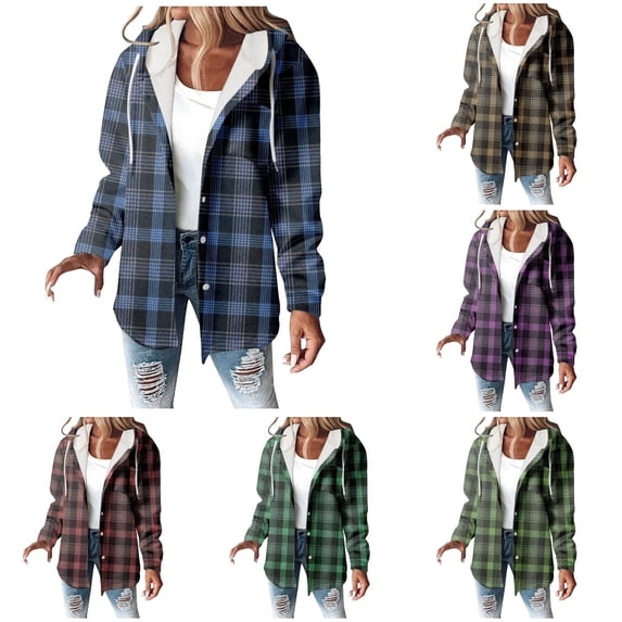 Unir Fleece Lined Plaid Button Up Jacket for Women, Hooded Loose Fit, Everyday Winter Warm Casual Outerwear, 1 Piece, S-3XL, Plus Size Friendly