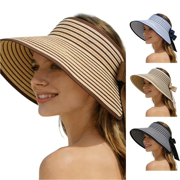 Unir Foldable Wide Brim Straw Sun Visor for Women, Striped with Bow, UPF 50+ UV Protection, 1 Piece, One Size