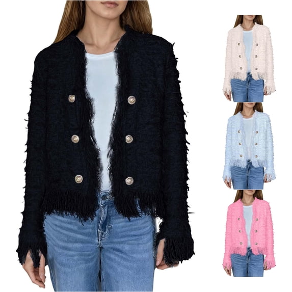 Unir Frayed Edge Button Front Tweed Blazer for Women, Long Sleeve Cropped Fit, Casual Everyday Outerwear, 1 Piece, XS-3XL, Plus Size Friendly