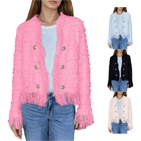 Unir Frayed Edge Button Front Tweed Blazer for Women, Long Sleeve Cropped Fit, Casual Everyday Outerwear, 1 Piece, XS-3XL, Plus Size Friendly