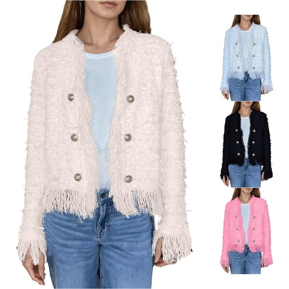 Unir Frayed Edge Button Front Tweed Blazer for Women, Long Sleeve Cropped Fit, Casual Everyday Outerwear, 1 Piece, XS-3XL, Plus Size Friendly