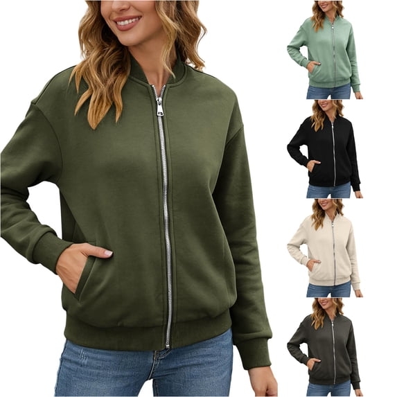Unir Full Zip Casual Sweatshirt Jacket for Women, Ribbed Collar Cuffs, Relaxed Fit Athletic Outerwear with Pockets, 1 Piece, S-XXL, Plus Size Friendly