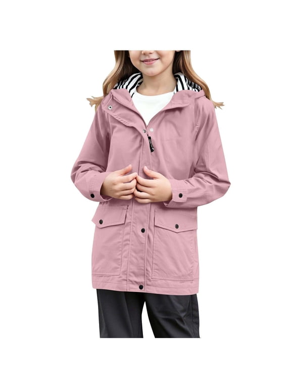 Girls' Waterproof, Rainproof and Breathable Softshell Jacket with Hooded Trench Coat (5-14 Years),120,Pink