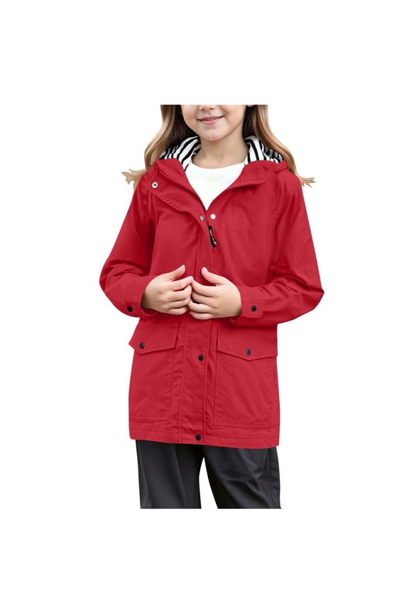 Girls' Waterproof, Rainproof and Breathable Softshell Jacket with Hooded Trench Coat (5-14 Years),120,Red
