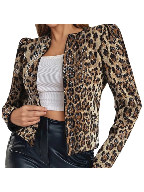 Khaki Leopard Print Sequin Casual Jacket for Women, Lapel Collar Long Sleeve, Relaxed Fit Everyday Statement Outerwear, 1 Piece, S-XL