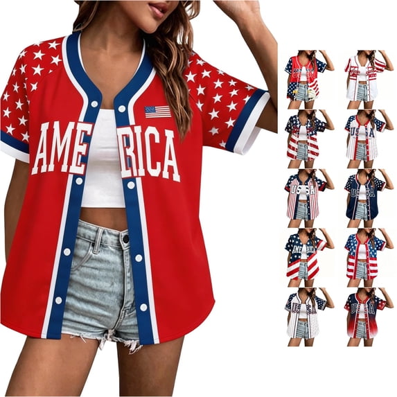 Unir Light Polyester Women 4th Of July Baseball Button Up Jersey, Patriotic USA Star Striped Short Sleeve Casual Shirt, Loose Summer Holiday Layering Outer Top, S-XXXXXL, True To Size