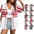 thumbnail image 1 of Unir Light Polyester Women 4th Of July Baseball Button Up , Patriotic USA Star Striped Short Sleeve Casual Shirt, Loose Summer Holiday Layering Outer Top, S-XXXXXL, True To Size, 1 of 3