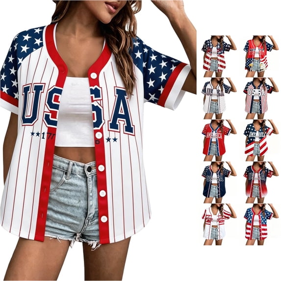 Unir Light Polyester Women 4th Of July Baseball Button Up , Patriotic USA Star Striped Short Sleeve Casual Shirt, Loose Summer Holiday Layering Outer Top, S-XXXXXL, True To Size