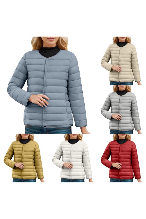 Loose Crew Neck Snap Front Packable Lightweight Puffer Jacket, No-Hood Windproof Quilted Outer Coat, Cozy Everyday Travel Layering Garment, 1 Piece Outfit, M-4XL Plus Sizes