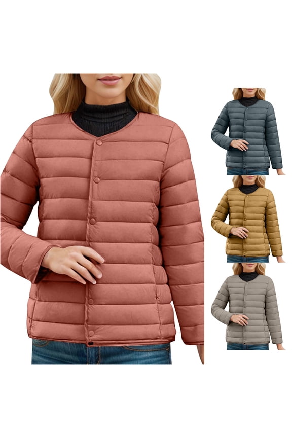 Loose Crew Neck Snap Front Packable Lightweight Puffer Jacket, No-Hood Windproof Quilted Outer Coat, Cozy Everyday Travel Layering Garment, 1 Piece Outfit, M-4XL Plus Sizes