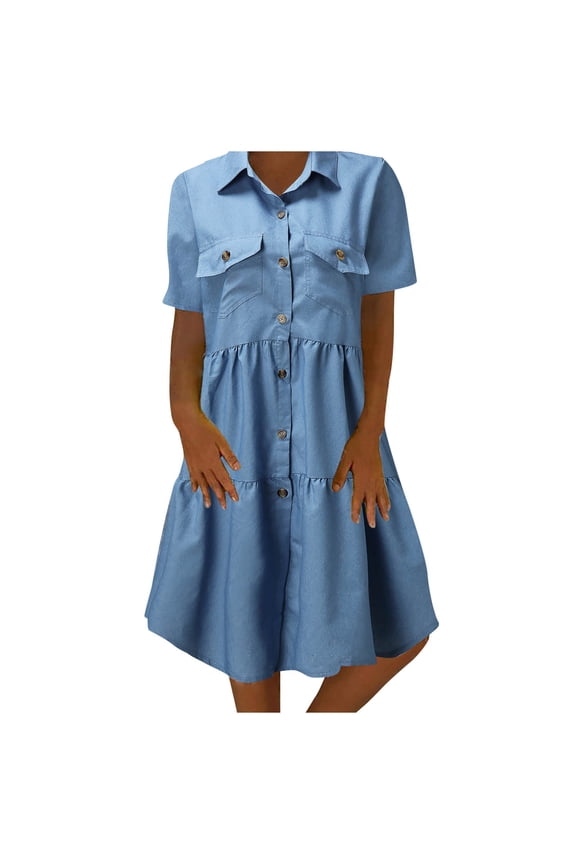 Loose Fit Denim Style Tiered Dress, Short Sleeve Collared Button Up Midi Dress With Pockets, Summer Casual Outfit, 1 Piece, S-3XL Plus Size Friendly