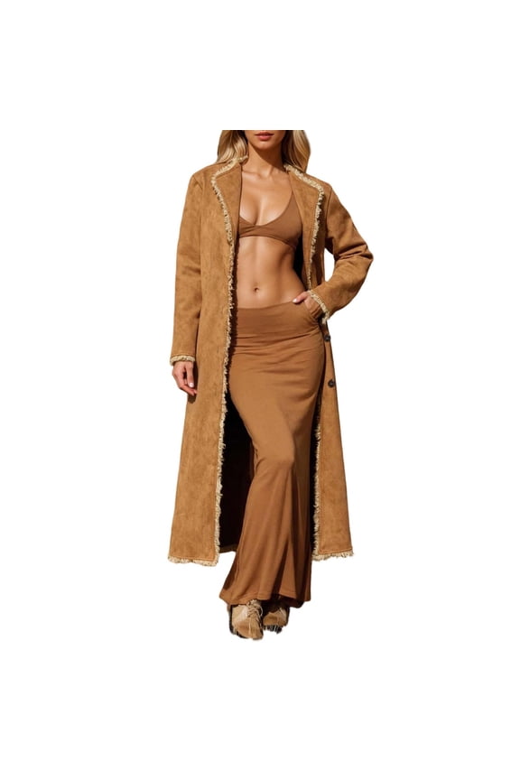 Loose Fit Fringe Lapel Suede Long Overcoat, Lined Windproof Western Trench Jacket, Cozy Everyday Cold Weather Layering Garment, 1 Piece Outfit, S-XXL Plus Size Friendly