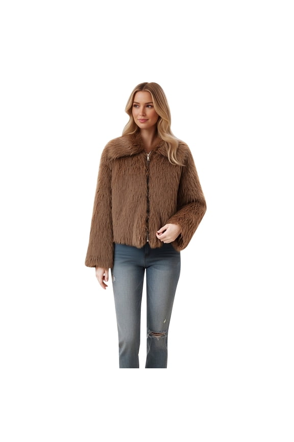 Loose Fit Notched Lapel Zip Up Short Jacket, Fluffy Windproof Cropped Winter Outer Coat, Cozy Everyday Cold Weather Layering Garment, 1 Piece Outfit, XS-L Sizing
