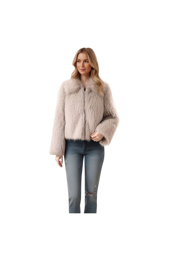 Loose Fit Notched Lapel Zip Up Short Jacket, Fluffy Windproof Cropped Winter Outer Coat, Cozy Everyday Cold Weather Layering Garment, 1 Piece Outfit, XS-L Sizing