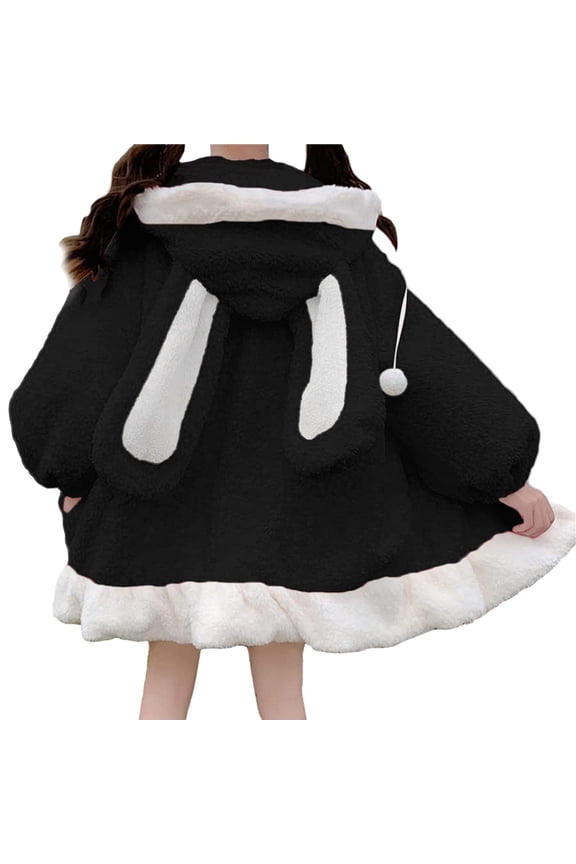 Loose Fit Pom Pom Hooded Double Coat, Zip Up Ruffle Hem Plush Outer Jacket, Cozy Everyday Cold Weather Layering Garment, 1 Piece Outfit, S-XXL Plus Size Friendly
