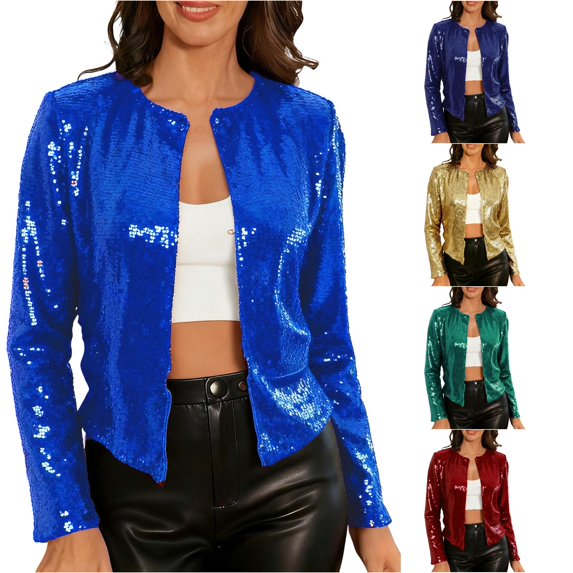 Unir Loose Fit Short Sequin Stand Collar Jacket, Glitter Open Front Party Outer Coat, Lightweight Evening Layering Garment, 1 Piece Outfit, S-XXL Plus Size Friendly