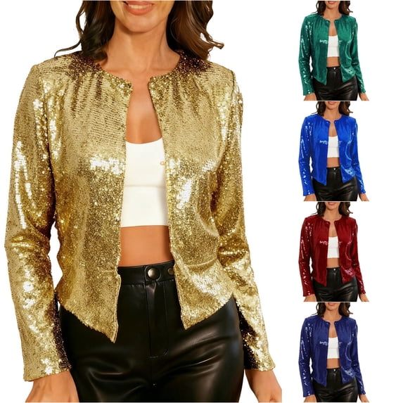 Unir Loose Fit Short Sequin Stand Collar Jacket, Glitter Open Front Party Outer Coat, Lightweight Evening Layering Garment, 1 Piece Outfit, S-XXL Plus Size Friendly