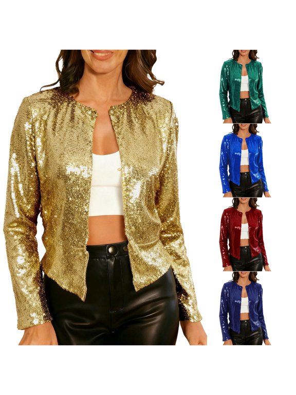 Loose Fit Short Sequin Stand Collar Jacket, Glitter Open Front Party Outer Coat, Lightweight Evening Layering Garment, 1 Piece Outfit, S-XXL Plus Size Friendly