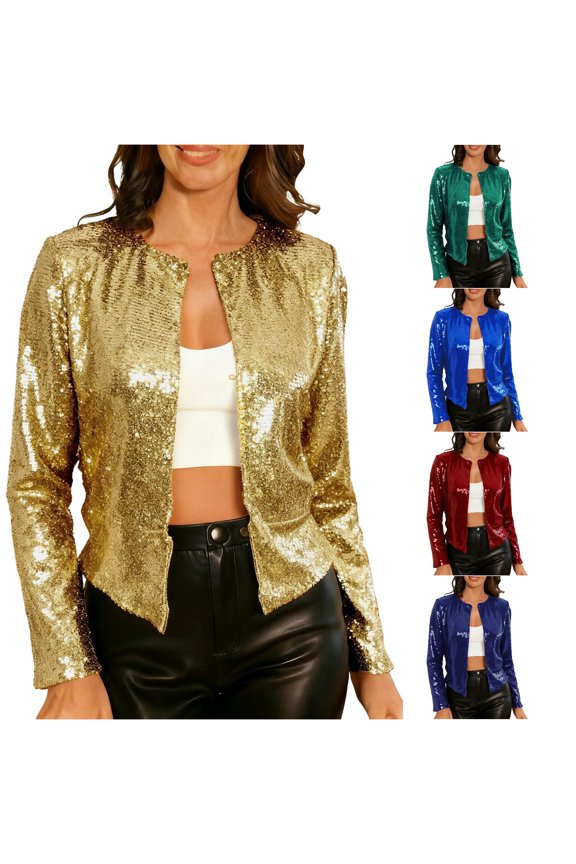 Loose Fit Short Sequin Stand Collar Jacket, Glitter Open Front Party Outer Coat, Lightweight Evening Layering Garment, 1 Piece Outfit, S-XXL Plus Size Friendly