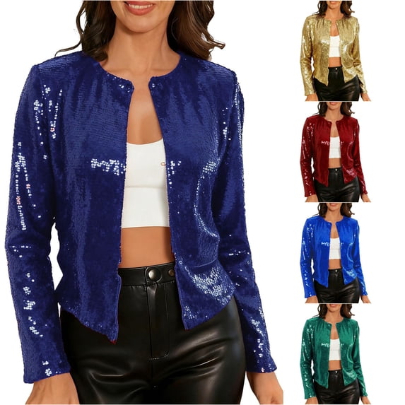 Unir Loose Fit Short Sequin Stand Collar Jacket, Glitter Open Front Party Outer Coat, Lightweight Evening Layering Garment, 1 Piece Outfit, S-XXL Plus Size Friendly