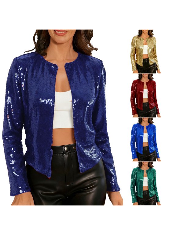 Loose Fit Short Sequin Stand Collar Jacket, Glitter Open Front Party Outer Coat, Lightweight Evening Layering Garment, 1 Piece Outfit, S-XXL Plus Size Friendly