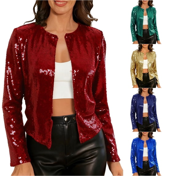 Unir Loose Fit Short Sequin Stand Collar Jacket, Glitter Open Front Party Outer Coat, Lightweight Evening Layering Garment, 1 Piece Outfit, S-XXL Plus Size Friendly