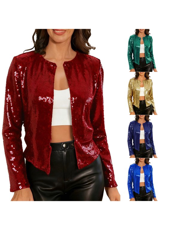 Loose Fit Short Sequin Stand Collar Jacket, Glitter Open Front Party Outer Coat, Lightweight Evening Layering Garment, 1 Piece Outfit, S-XXL Plus Size Friendly