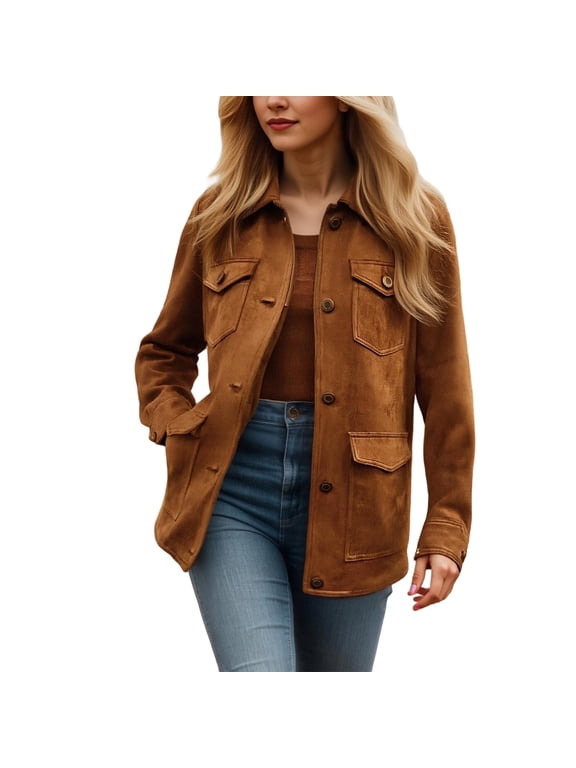 Loose Fit Vintage Suede Shacket, Lapel Multi Pocket Button Front Casual Outer Jacket, Warm Autumn Winter Layering Garment, 1 Piece Outfit, S-XXL Plus Size Friendly