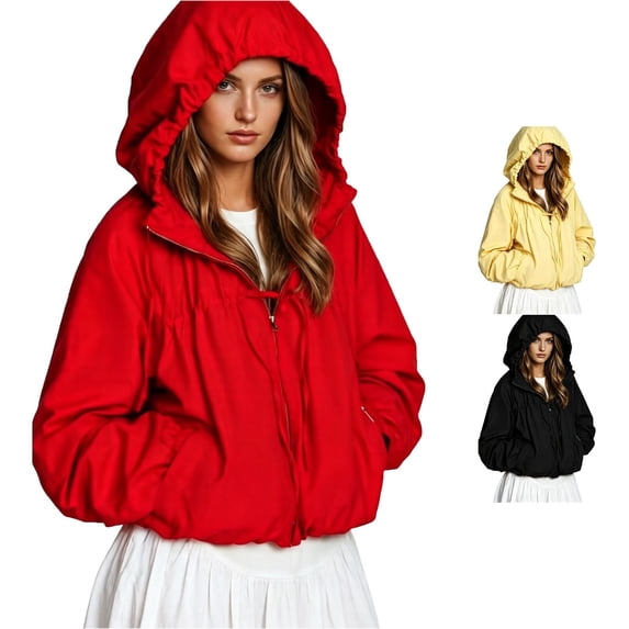 Unir Loose Fit Zip Up Windbreaker Jacket for Women, Hooded Drawstring, Durable Nylon Casual Outerwear with Lantern Sleeves, 1 Piece, XS-L