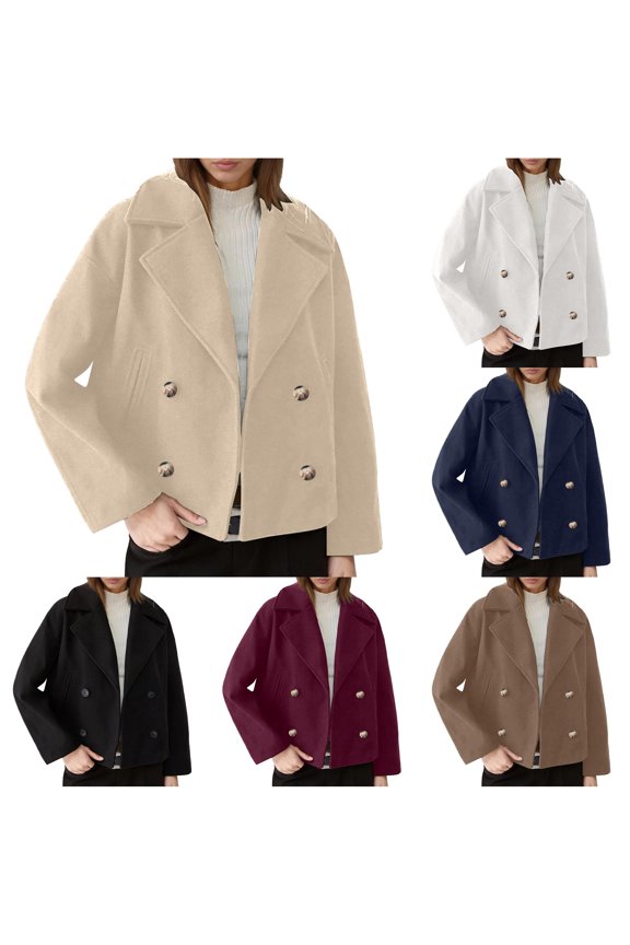 Loose Oversized Notched Lapel Double Wool Blend Short Coat, Windproof Cropped Fall Winter Outer Jacket, Low-Maintenance Everyday Warm Layering Piece, 1 Piece Outfit, S-3XL Sizing