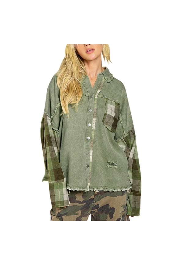 Loose Oversized Plaid Spliced Frayed Denim Coat Women Soft Washed Denim Turn Down Collar Distressed Button Up Minimal Boho Casual Layering Jacket 1PC S-XL