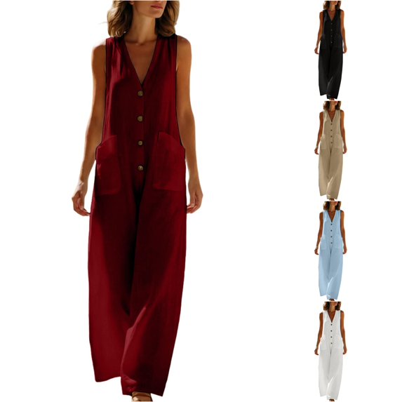 Unir Loose Sleeveless Wide Leg Jumpsuit For Women, V‑Neck Button Front Linen‑Feel Casual One‑Piece, Summer Vacation Everyday Wear Jumpsuit, 1 Piece, S‑XXXL, Plus Size Friendly