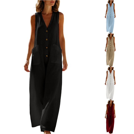 Unir Loose Sleeveless Wide Leg Jumpsuit For Women, V‑Neck Button Front Linen‑Feel Casual One‑Piece, Summer Vacation Everyday Wear Jumpsuit, 1 Piece, S‑XXXL, Plus Size Friendly