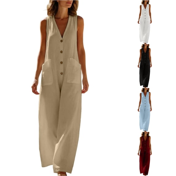 Unir Loose Sleeveless Wide Leg Jumpsuit For Women, V‑Neck Button Front Linen‑Feel Casual One‑Piece, Summer Vacation Everyday Wear Jumpsuit, 1 Piece, S‑XXXL, Plus Size Friendly
