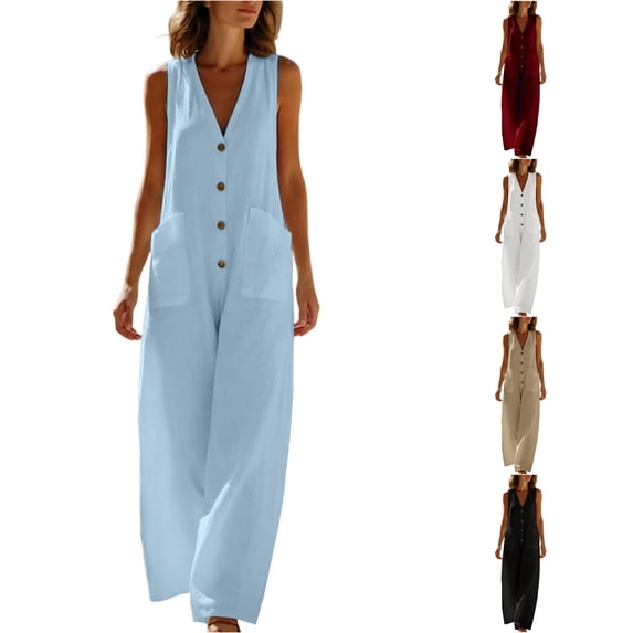 Unir Loose Sleeveless Wide Leg Jumpsuit For Women, V‑Neck Button Front Linen‑Feel Casual One‑Piece, Summer Vacation Everyday Wear Jumpsuit, 1 Piece, S‑XXXL, Plus Size Friendly